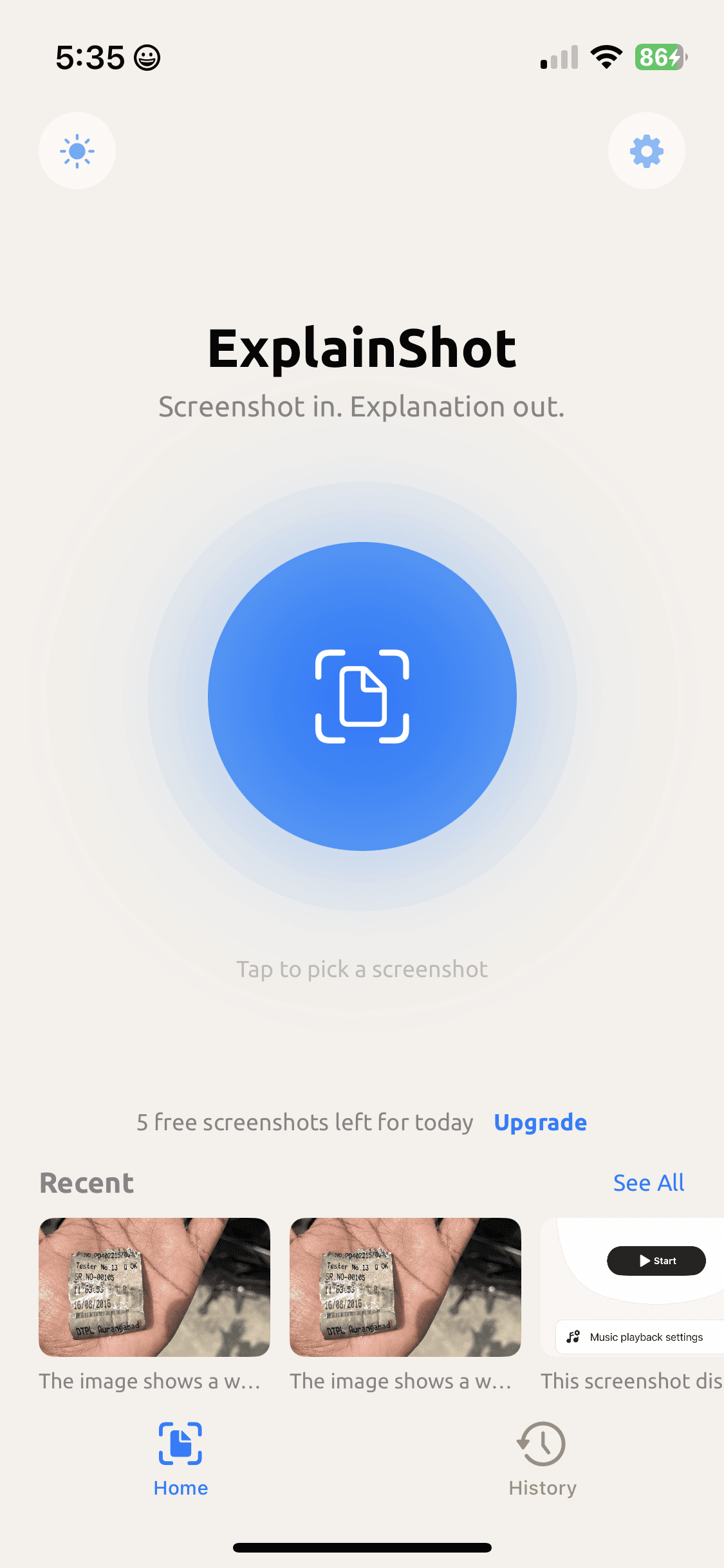 ExplainShot home screen with a large blue button reading 'Tap to pick a screenshot'.