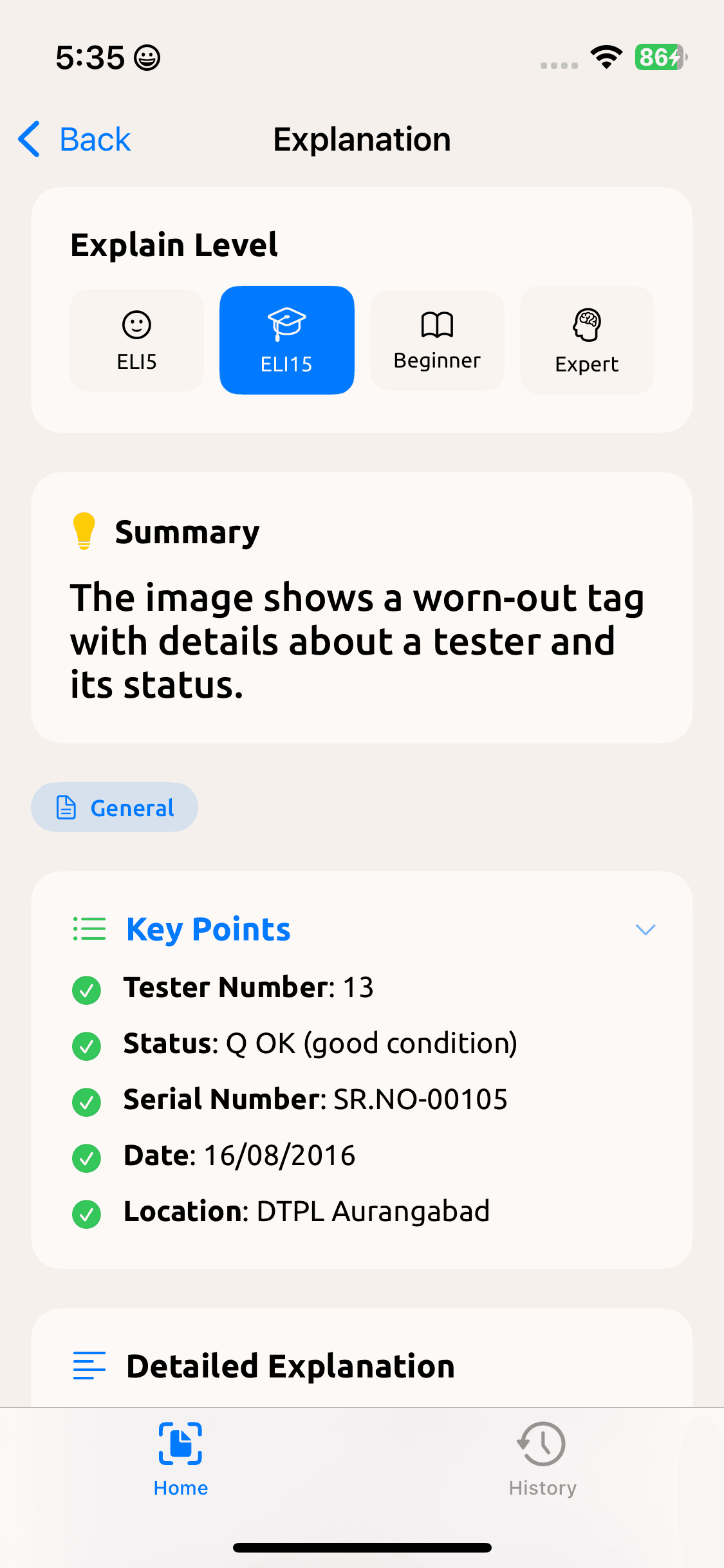 Explanation view showing Explain Level selector, a Summary card, and Key Points for a worn-out tester tag.