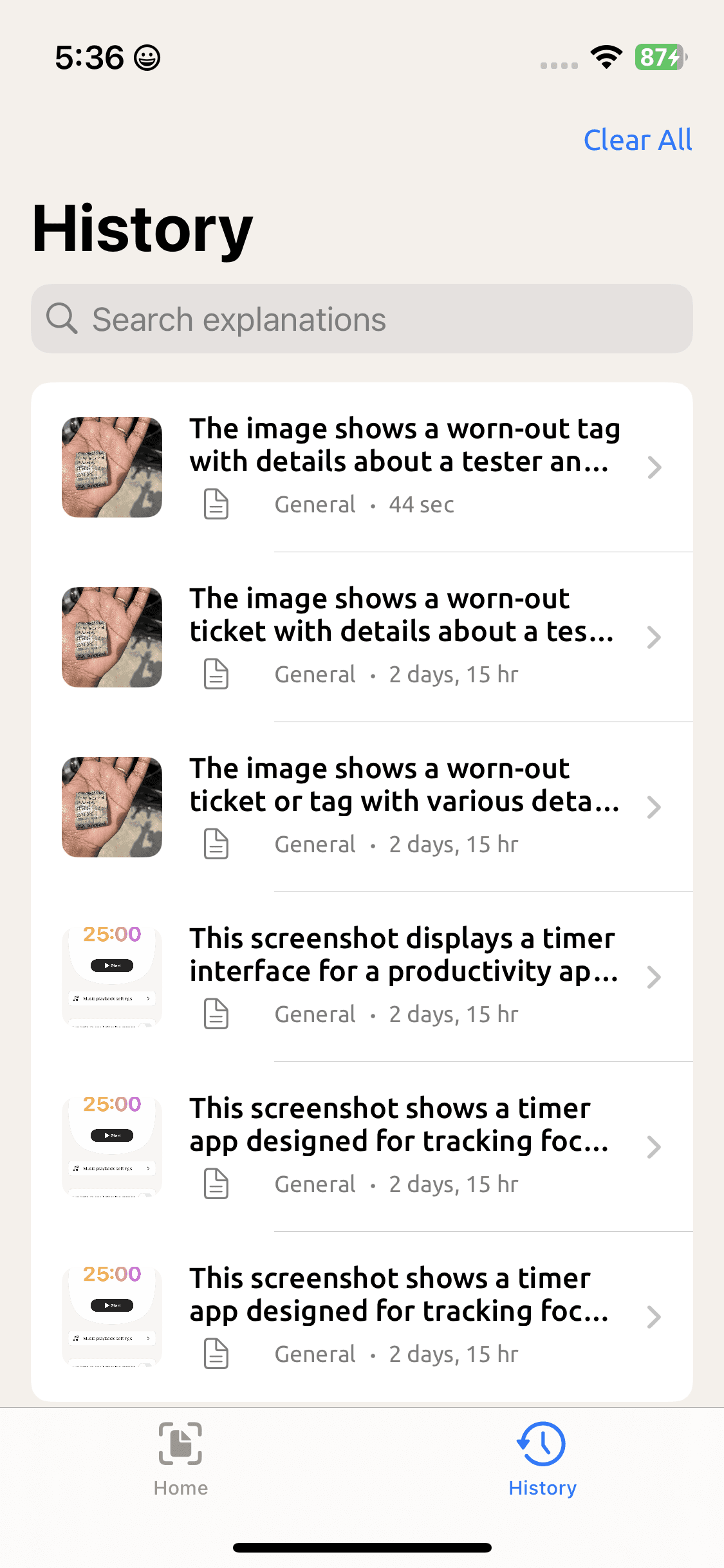 History tab listing past explanations, each with a thumbnail and label.