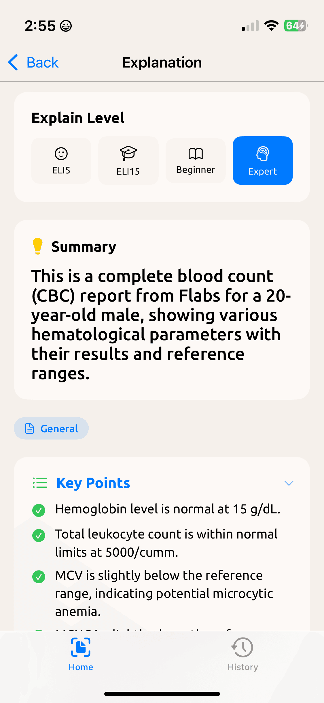 Expert-level explanation of a CBC blood report with summary and key points.