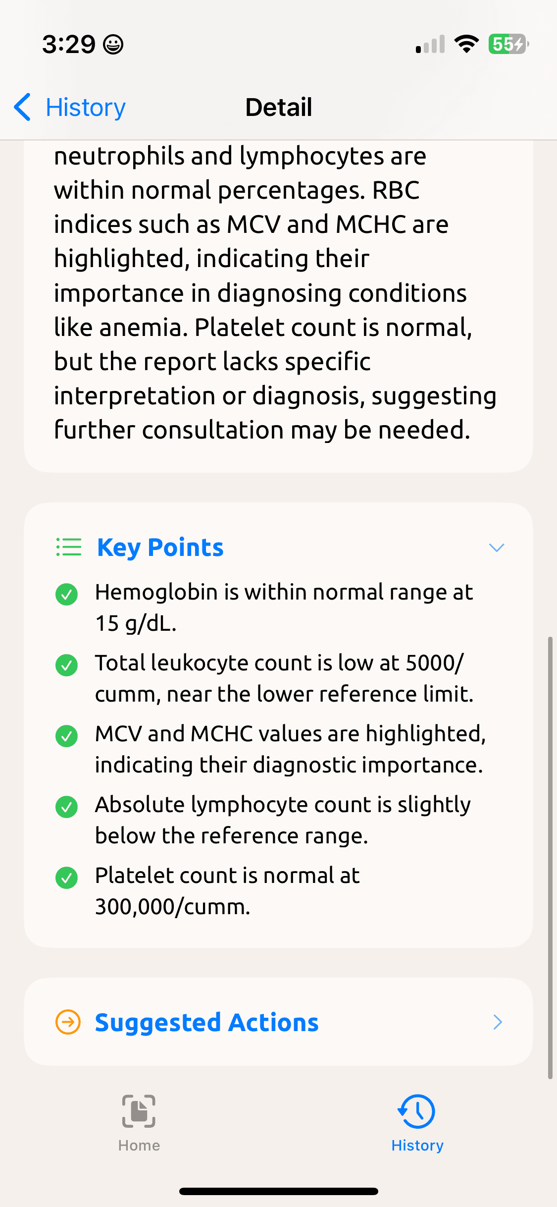 Detail view with key points and a Suggested Actions row.